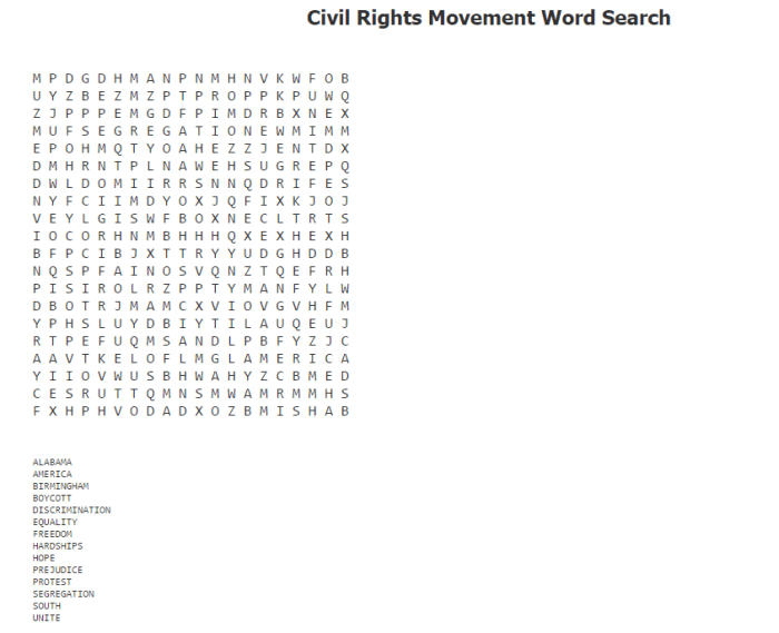 Civil rights movement word search answer key