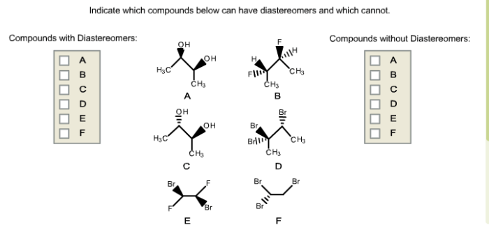 Indicate which compounds below can have diastereomers and which cannot